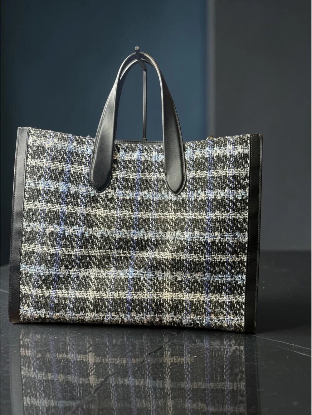 Kate Spade Manhattan Plaid Tweed Large Tote Black Blue Leather KI580 Crossbody